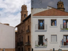 Arte urbano en la plaza de España de Corella Aspecto de la pared pintada en la Plaza de España de Corella antes y después de la intervención artística