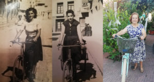 María Sanz, con su bicicleta, en tres momentos de su vida